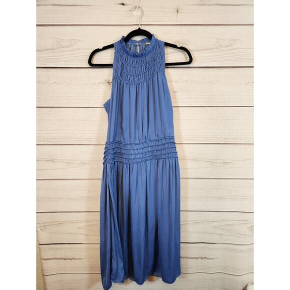 Gianni Bini Womens Blue Solid Sleeveless Ruched Halter Smocked Midi Dress XS NWT